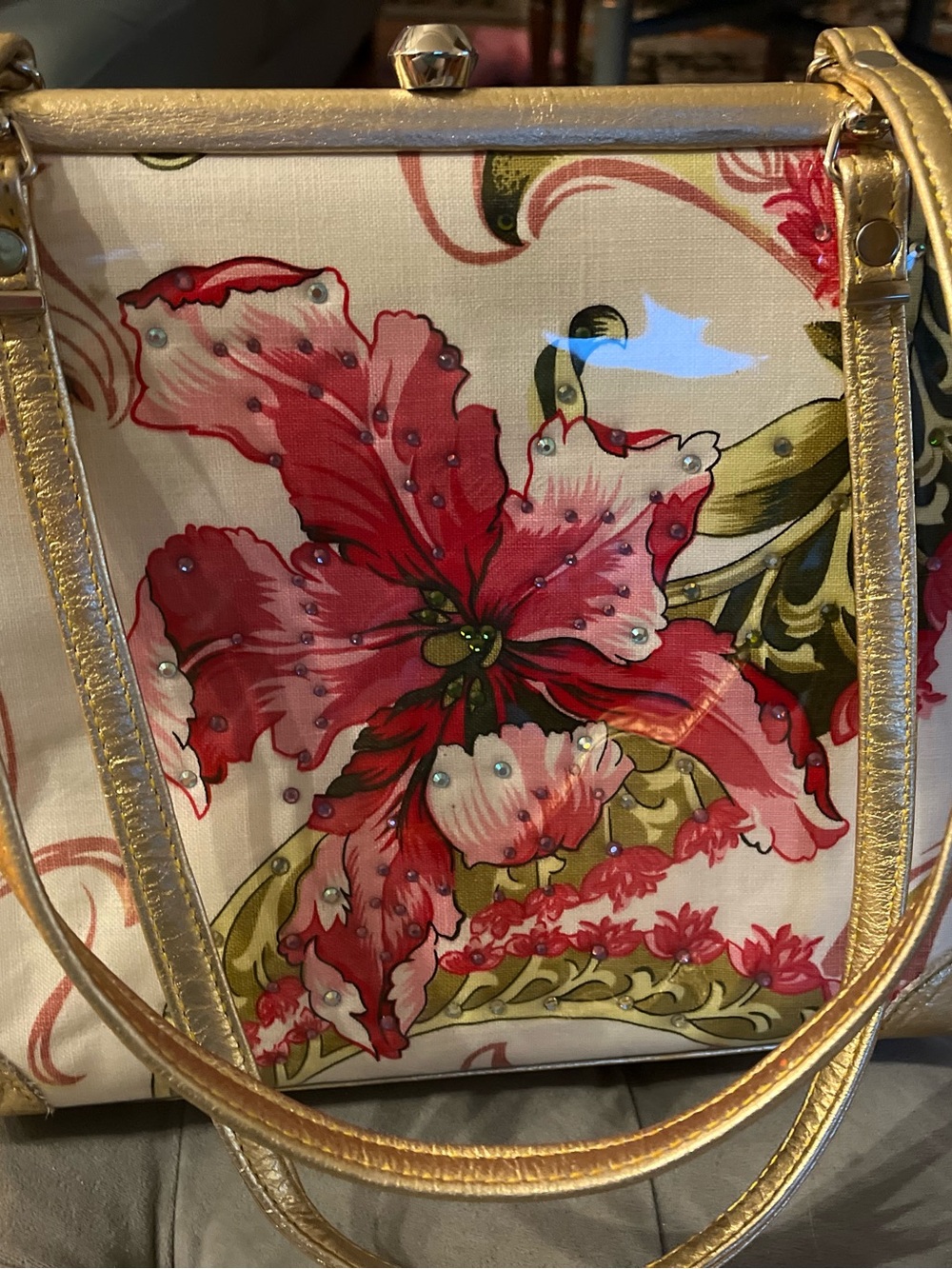 Floral Print Shoulder Bag with Gold Trim - Pink & Cream